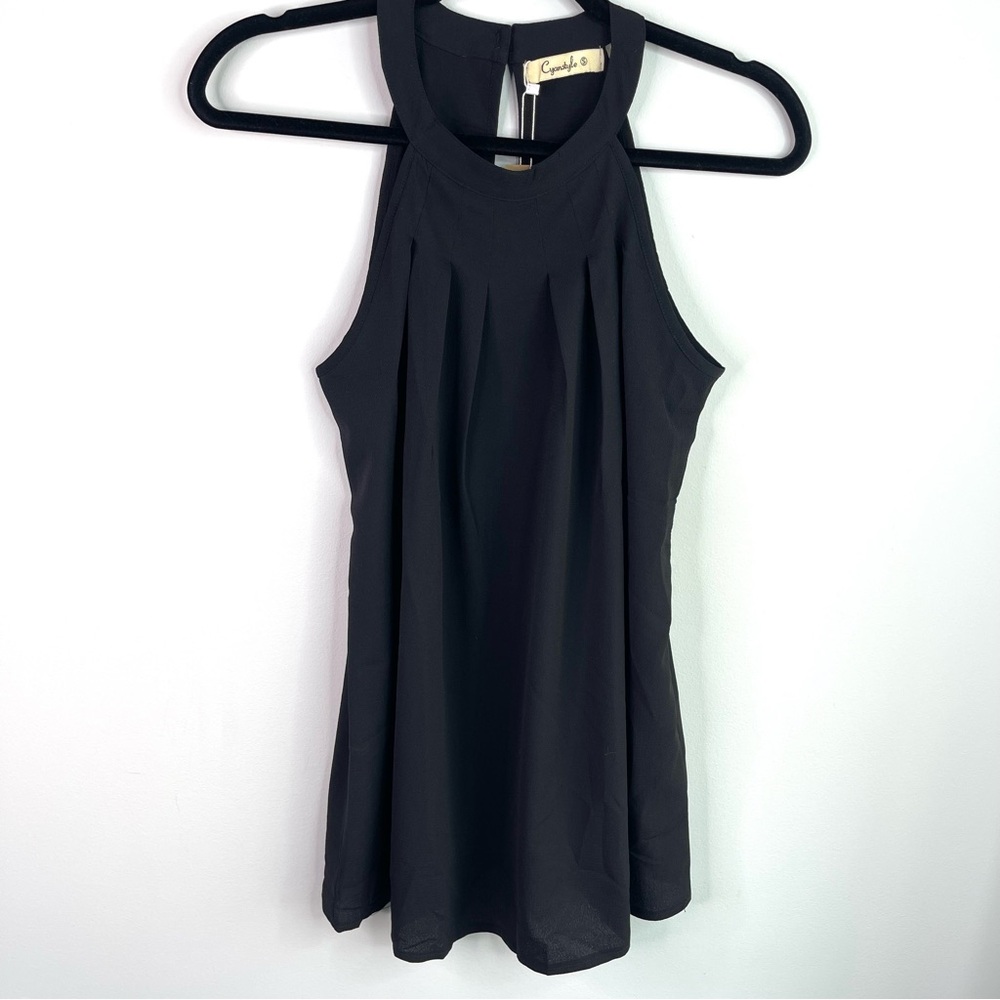 Cyanstyle Women's Pleated Black Sleeveless Top Size S